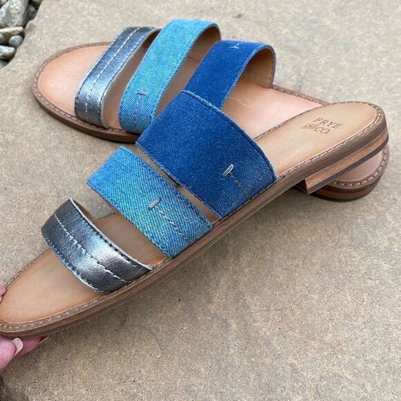 Frye and Co Womens Evie Slip On Sandals Flat Slide 3 Straps Casual Blue Size 6 M - Picture 5 of 7